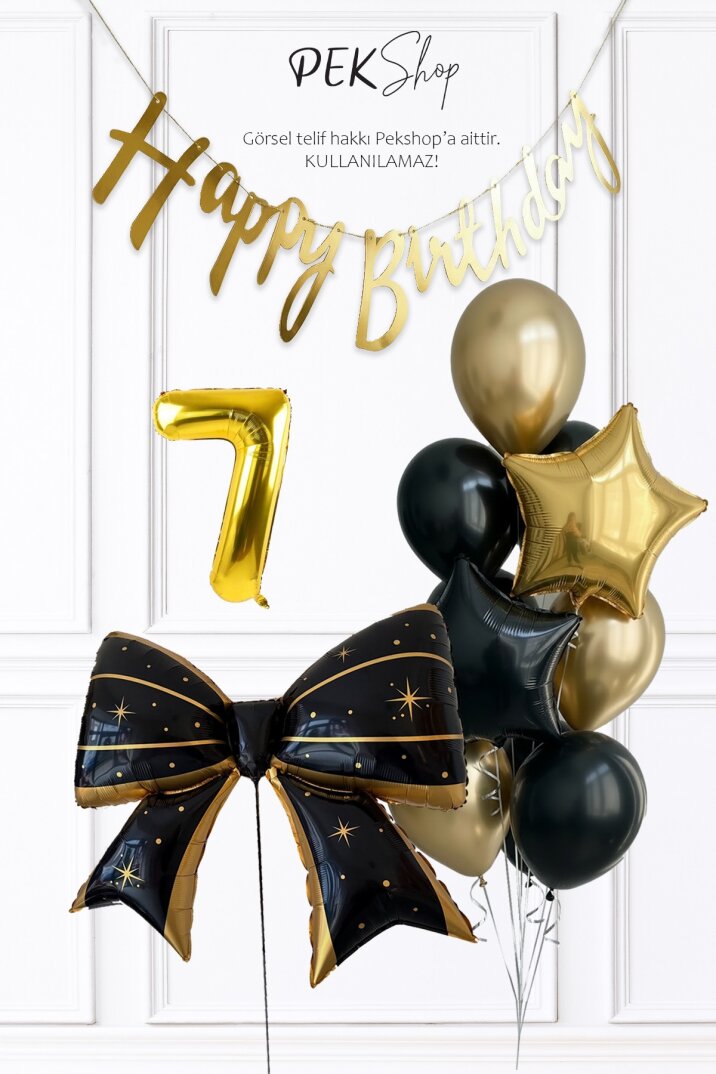 Siyah Gold Tema Fiyonk Yıldız Balonlu Bannerlı Doğum Günü Balon Seti - 10