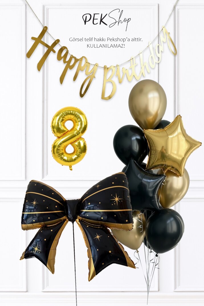Siyah Gold Tema Fiyonk Yıldız Balonlu Bannerlı Doğum Günü Balon Seti - 11