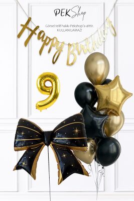 Siyah Gold Tema Fiyonk Yıldız Balonlu Bannerlı Doğum Günü Balon Seti - 12