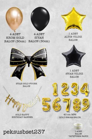 Siyah Gold Tema Fiyonk Yıldız Balonlu Bannerlı Doğum Günü Balon Seti - 2