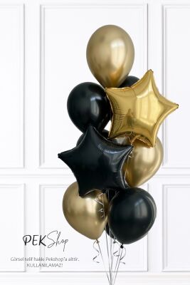 Siyah Gold Yıldız Folyo Balonlu Balon Demeti Set234 - 1
