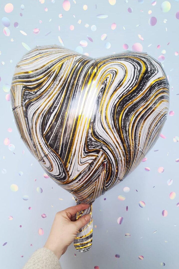 Siyah Mermer Kalp Folyo Balon Retro Balon Kalp Şekilli 18inç 45cm - 1