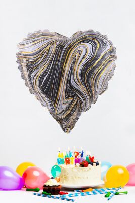Siyah Mermer Kalp Folyo Balon Retro Balon Kalp Şekilli 18inç 45cm - 2