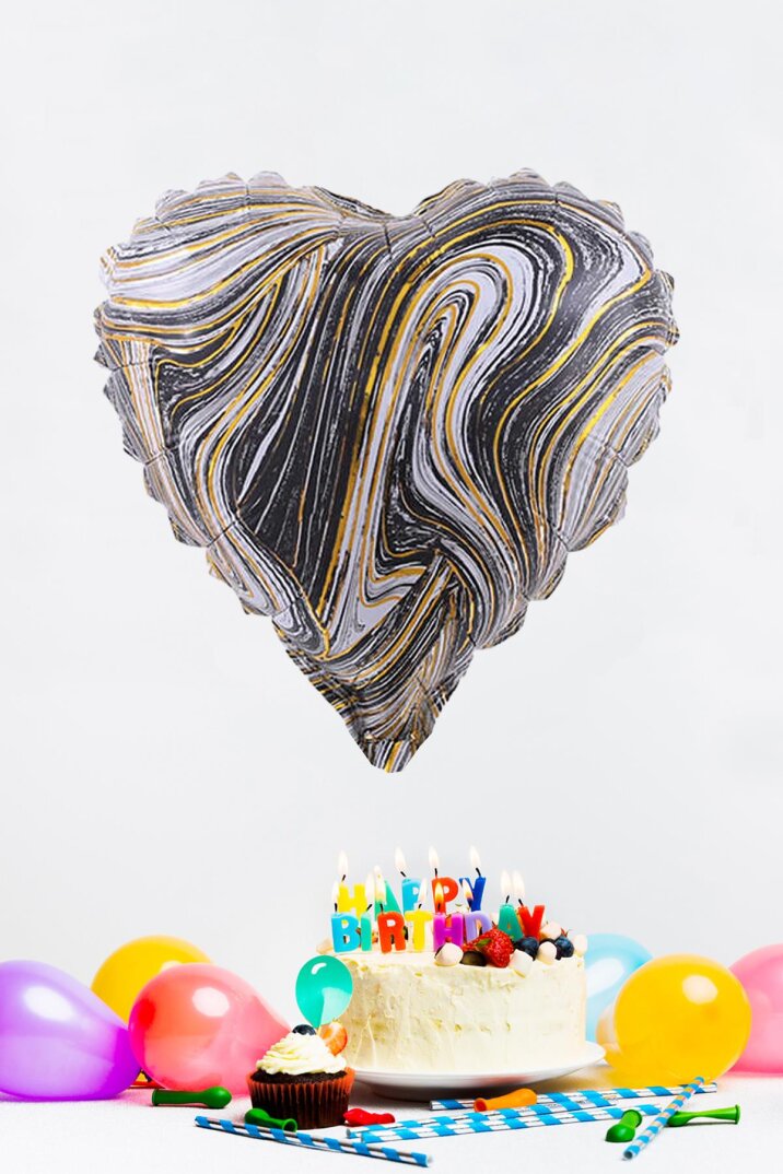Siyah Mermer Kalp Folyo Balon Retro Balon Kalp Şekilli 18inç 45cm - 2