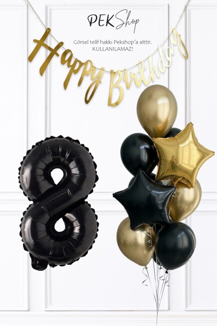 Siyah Rakam Balonlu Siyah Gold Tema Bannerlı Doğum Günü Balon Seti Set238 - 8