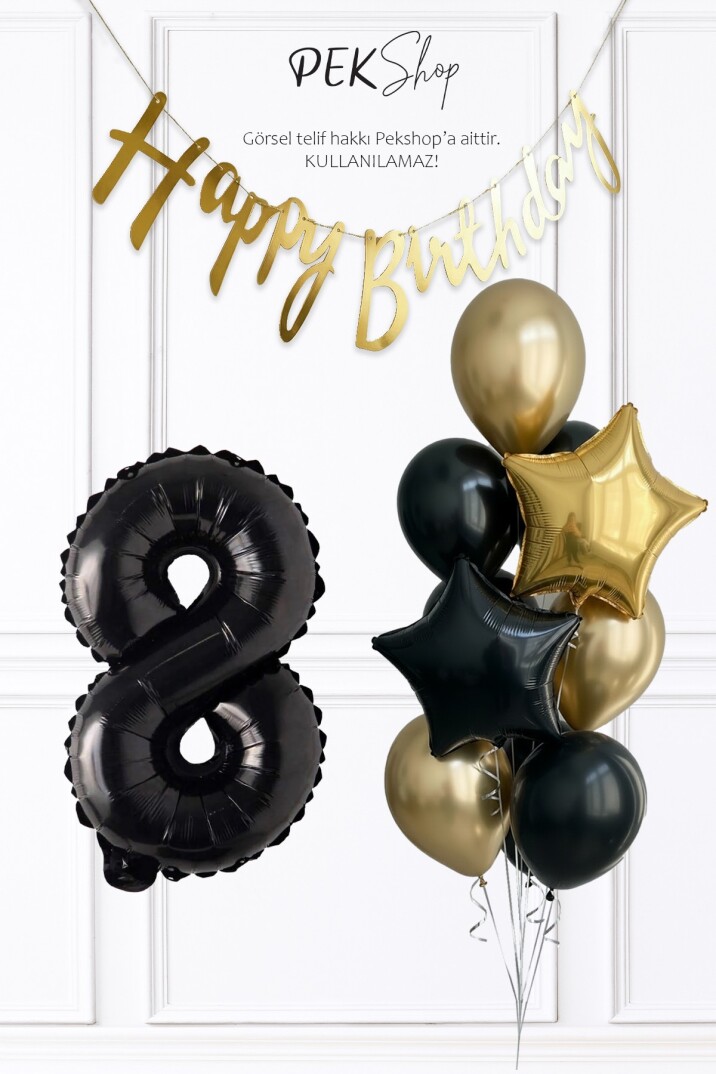 Siyah Rakam Balonlu Siyah Gold Tema Bannerlı Doğum Günü Balon Seti Set238 - 8