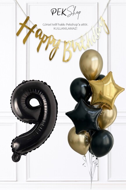 Siyah Rakam Balonlu Siyah Gold Tema Bannerlı Doğum Günü Balon Seti Set238 - 9