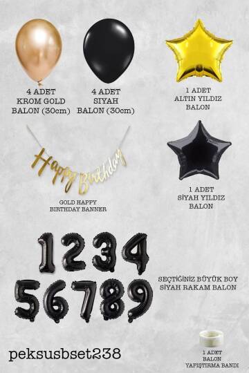 Siyah Rakam Balonlu Siyah Gold Tema Bannerlı Doğum Günü Balon Seti Set238 - 2
