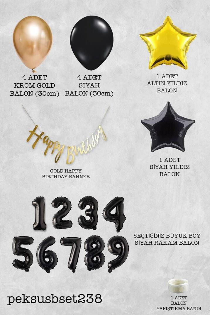 Siyah Rakam Balonlu Siyah Gold Tema Bannerlı Doğum Günü Balon Seti Set238 - 2