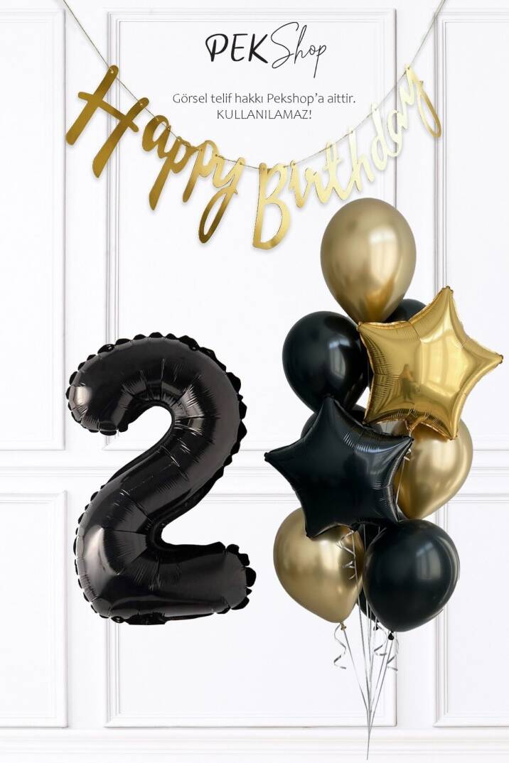Siyah Rakam Balonlu Siyah Gold Tema Bannerlı Doğum Günü Balon Seti Set238 - 5