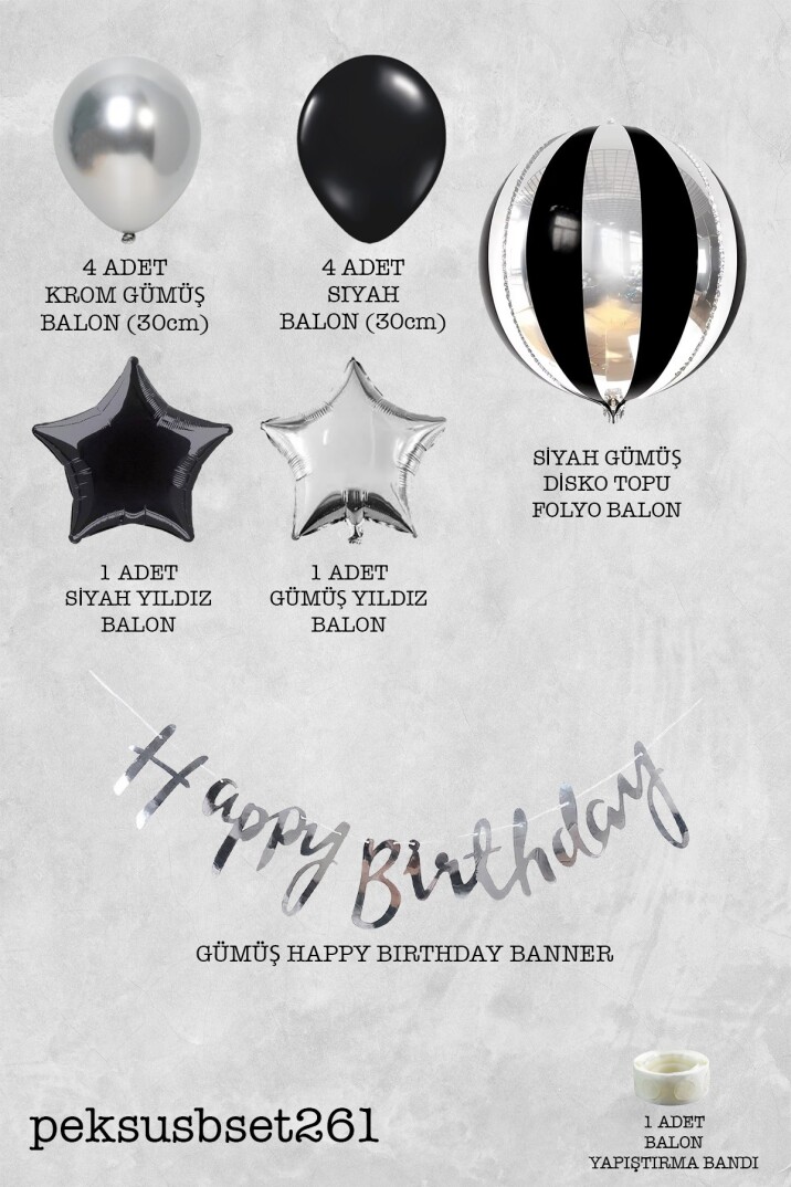 Siyah ve Gümüş Tema Doğum Günü Süsleme Seti Bannerlı Balon Paketi Set261 - 2