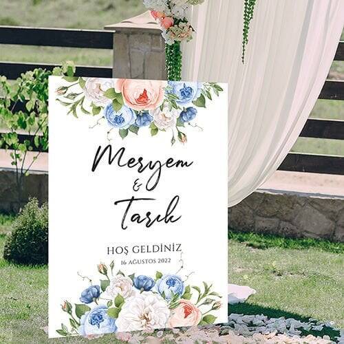 Soft Mavi Somon Çiçekler Konsept Karşılama Panosu - 1