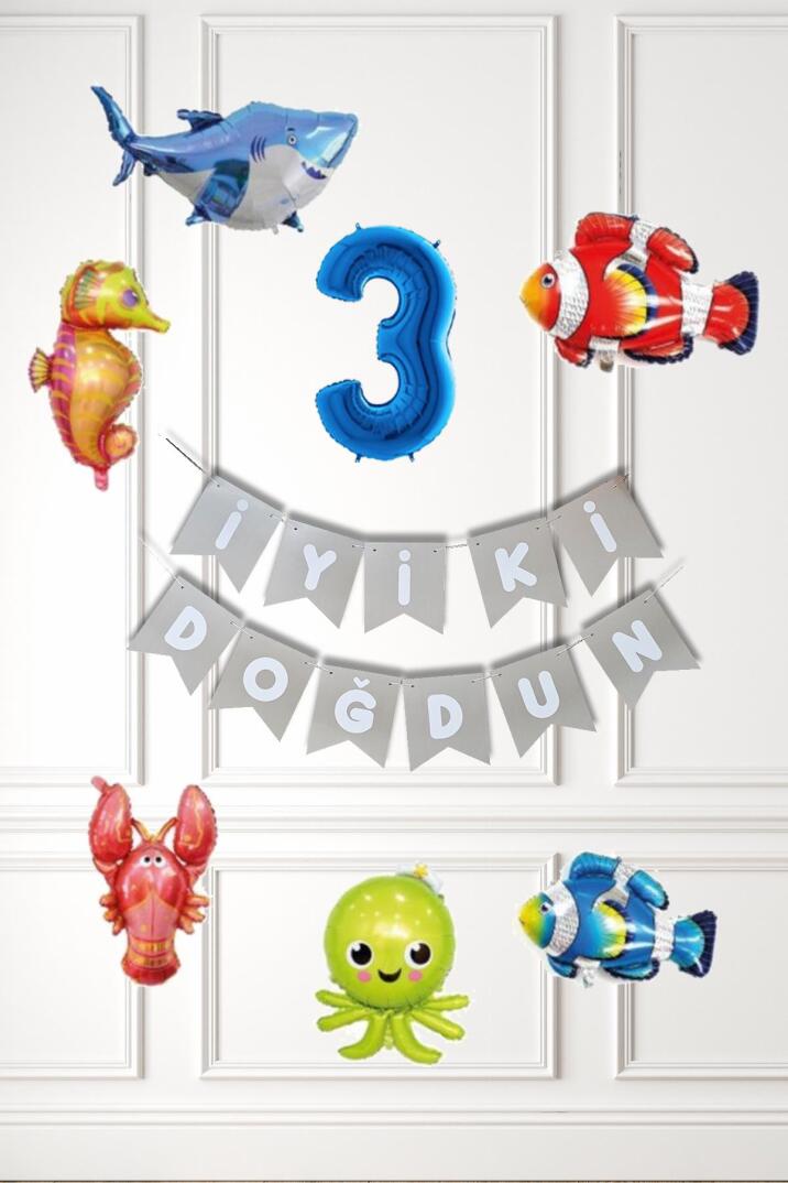 Su Altı Canlıları Doğum Günü Balon Süsleme Seti Bannerlı Yaş Balonlu Deniz Canlıları Balon Paketi - 5