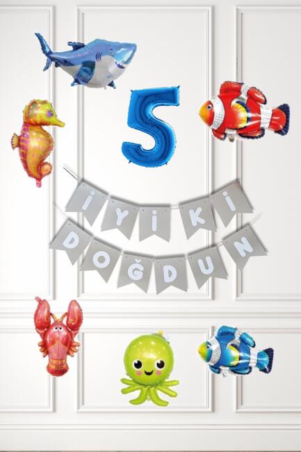 Su Altı Canlıları Doğum Günü Balon Süsleme Seti Bannerlı Yaş Balonlu Deniz Canlıları Balon Paketi - 9