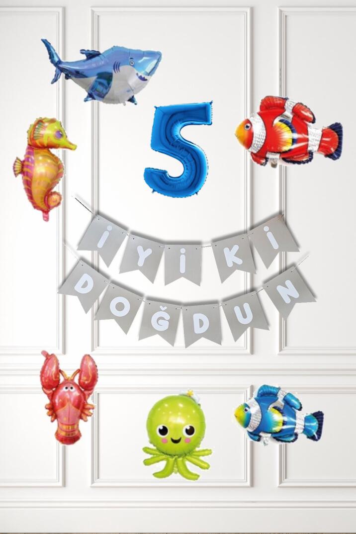 Su Altı Canlıları Doğum Günü Balon Süsleme Seti Bannerlı Yaş Balonlu Deniz Canlıları Balon Paketi - 9