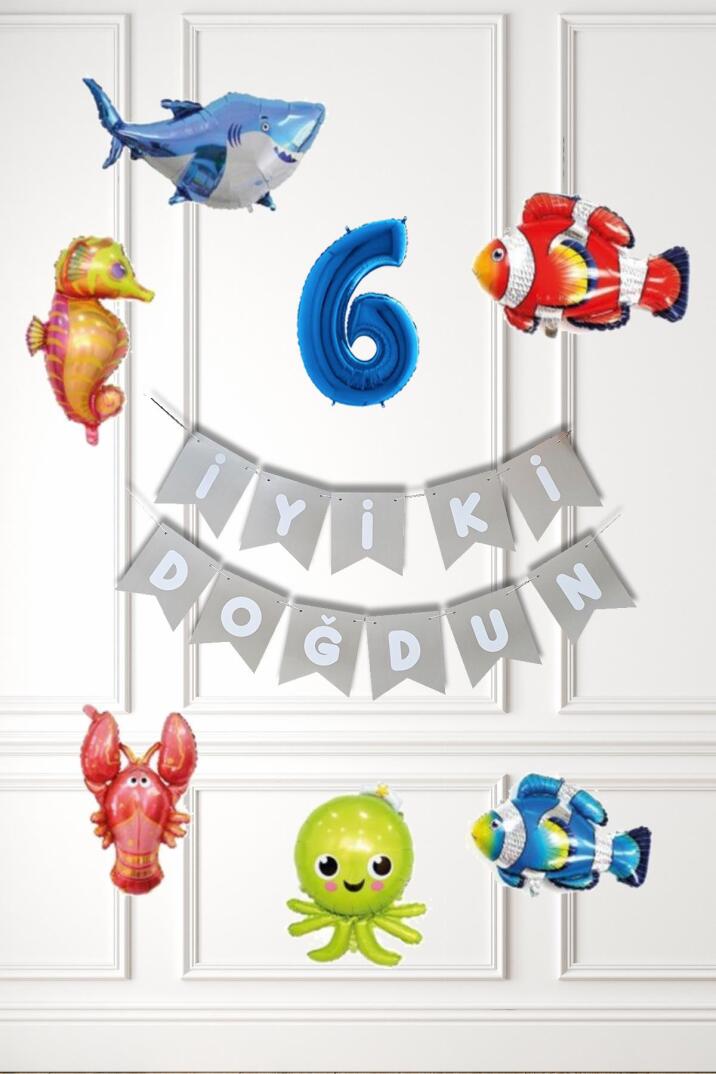 Su Altı Canlıları Doğum Günü Balon Süsleme Seti Bannerlı Yaş Balonlu Deniz Canlıları Balon Paketi - 11