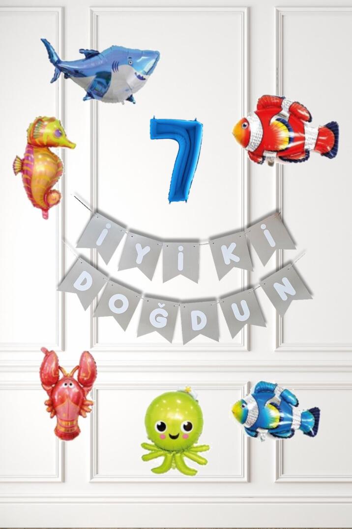 Su Altı Canlıları Doğum Günü Balon Süsleme Seti Bannerlı Yaş Balonlu Deniz Canlıları Balon Paketi - 13