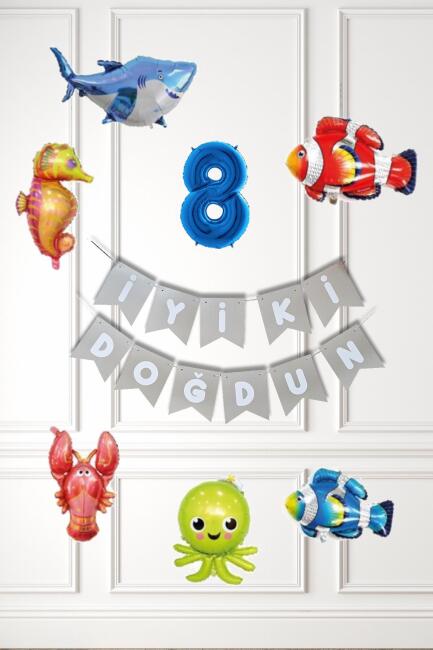 Su Altı Canlıları Doğum Günü Balon Süsleme Seti Bannerlı Yaş Balonlu Deniz Canlıları Balon Paketi - 15