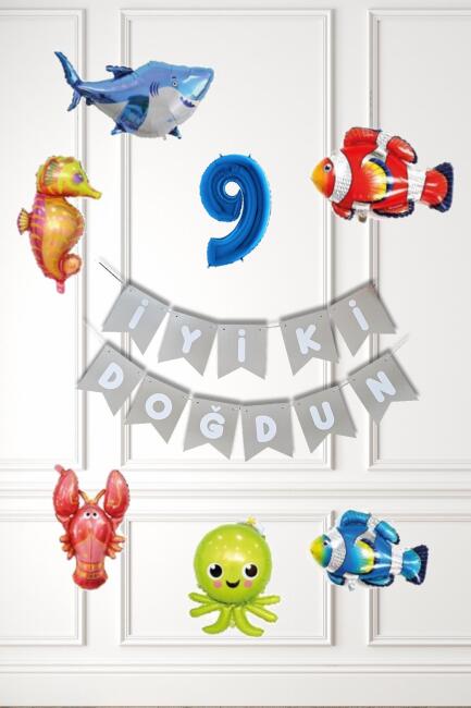 Su Altı Canlıları Doğum Günü Balon Süsleme Seti Bannerlı Yaş Balonlu Deniz Canlıları Balon Paketi - 17