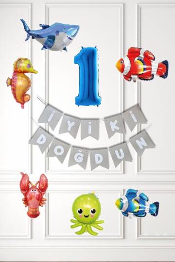 Su Altı Canlıları Doğum Günü Balon Süsleme Seti Bannerlı Yaş Balonlu Deniz Canlıları Balon Paketi - 1