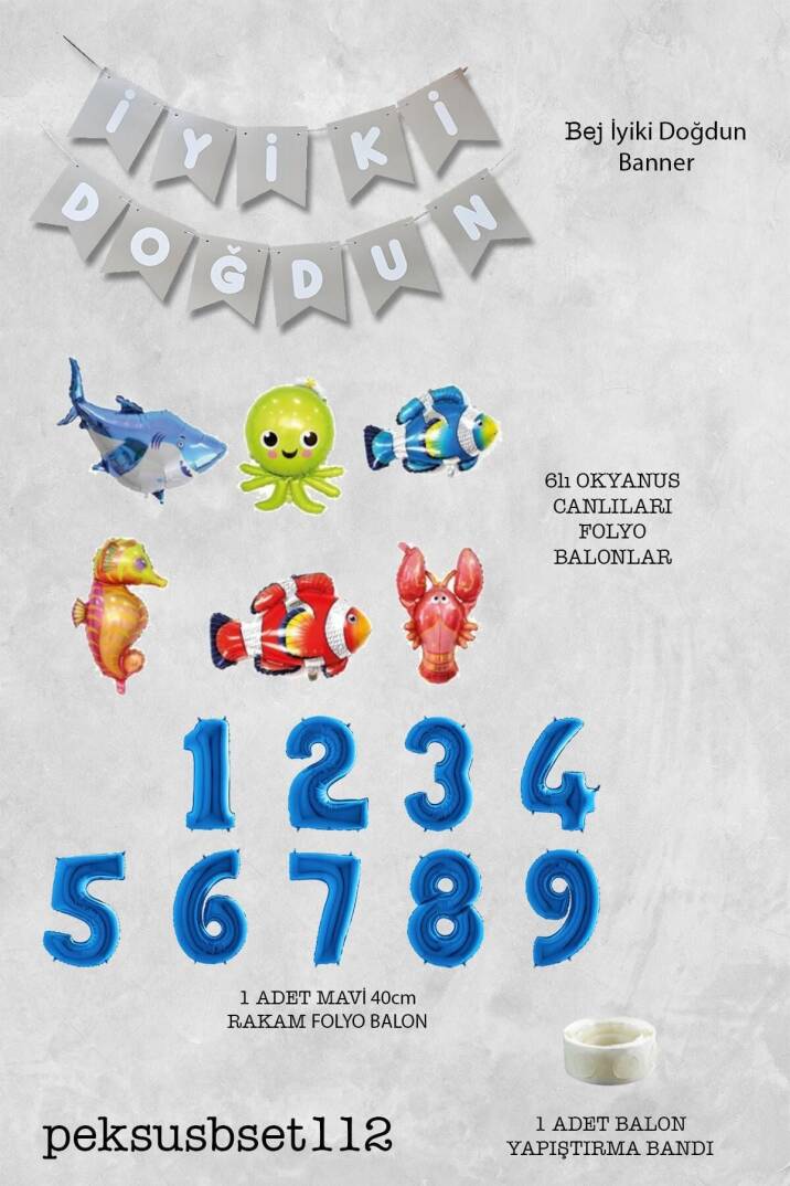 Su Altı Canlıları Doğum Günü Balon Süsleme Seti Bannerlı Yaş Balonlu Deniz Canlıları Balon Paketi - 2