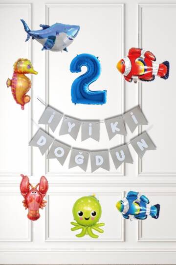 Su Altı Canlıları Doğum Günü Balon Süsleme Seti Bannerlı Yaş Balonlu Deniz Canlıları Balon Paketi - 3