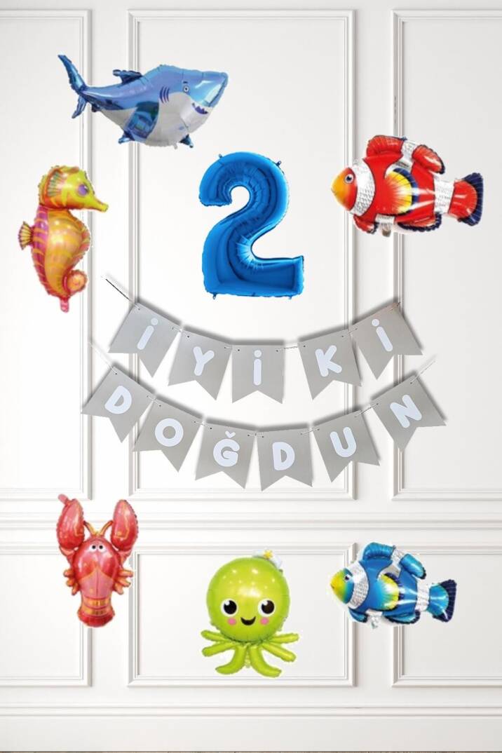 Su Altı Canlıları Doğum Günü Balon Süsleme Seti Bannerlı Yaş Balonlu Deniz Canlıları Balon Paketi - 3