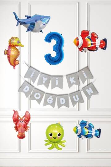Su Altı Canlıları Doğum Günü Balon Süsleme Seti Bannerlı Yaş Balonlu Deniz Canlıları Balon Paketi - 4