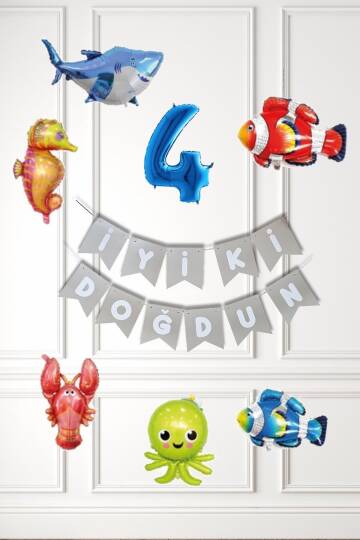 Su Altı Canlıları Doğum Günü Balon Süsleme Seti Bannerlı Yaş Balonlu Deniz Canlıları Balon Paketi - 5