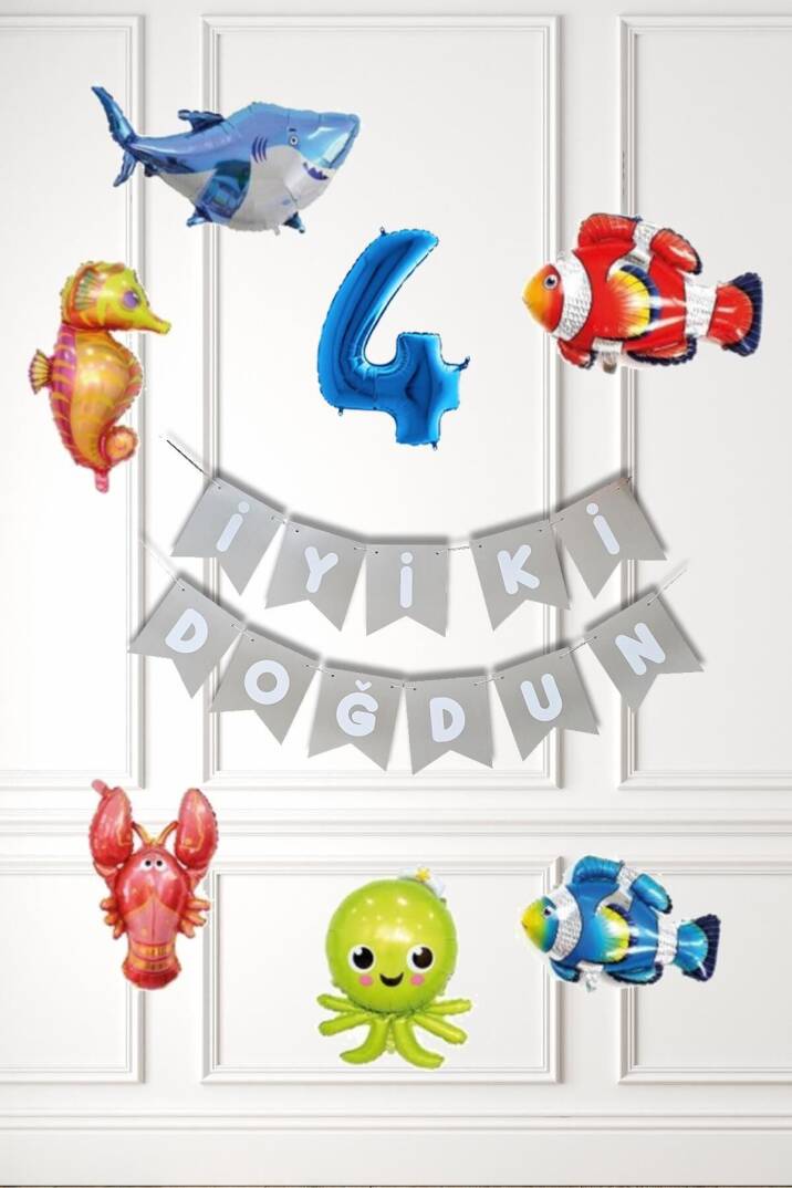 Su Altı Canlıları Doğum Günü Balon Süsleme Seti Bannerlı Yaş Balonlu Deniz Canlıları Balon Paketi - 5