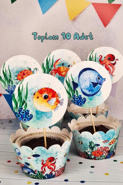 Su Altı Canlıları Konsept Kürdan Süsleri Cupcake Süsleri Lüks Büyük Boy 10lu Paket - 2