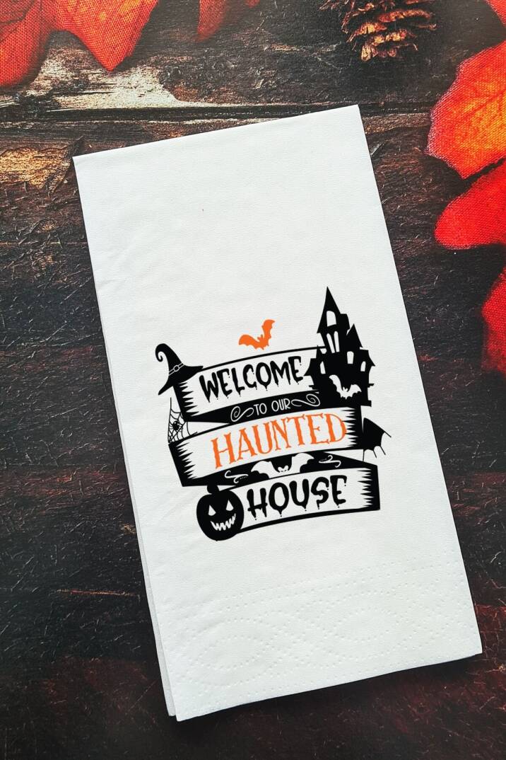Sunum Peçetesi Cadılar Bayramı Welcome to Our Haunted House Konuşan Kağıt Peçete - 1