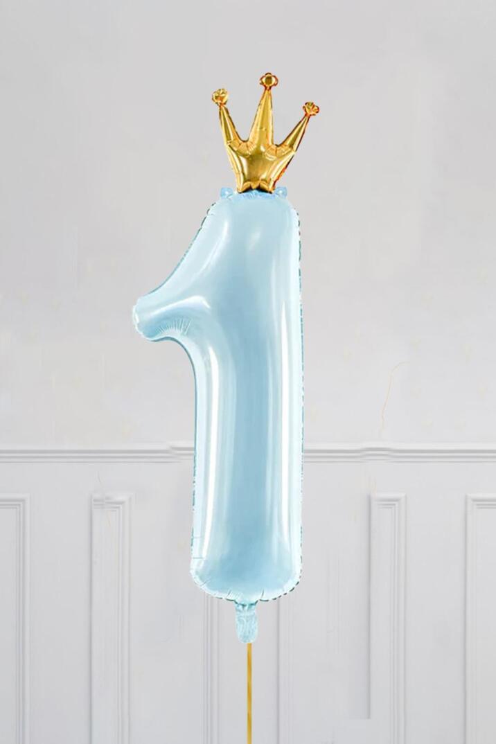 Taçlı 1 Rakam Folyo Balon 1 Yaş Balonu Gold Taçlı MAVİ 90cm - 1