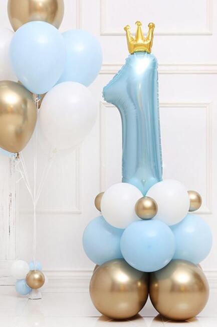Taçlı 1 Rakam Folyo Balon 1 Yaş Balonu Gold Taçlı MAVİ 90cm - 2