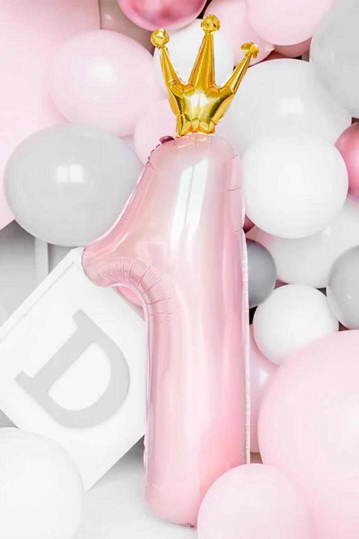 Taçlı 1 Rakam Folyo Balon 1 Yaş Balonu Gold Taçlı PEMBE 90cm - 1