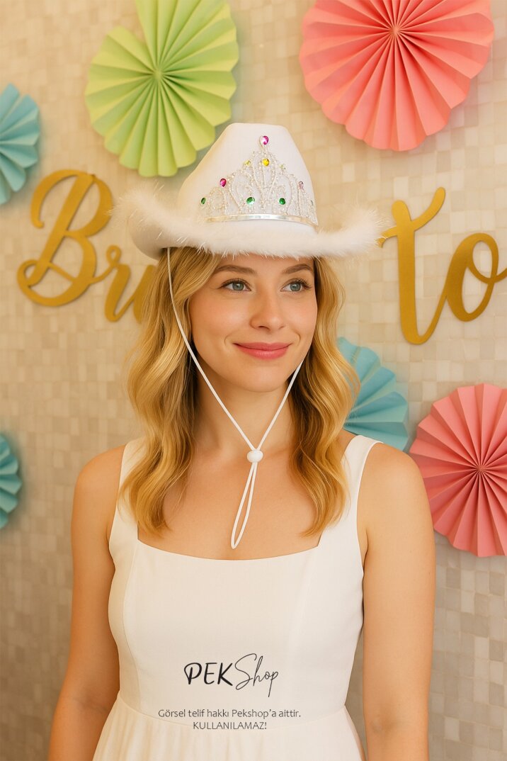 Taçlı Tüylü Beyaz Kovboy Şapkası Bride Parti Gelin Şapkası Cow Girl - 1