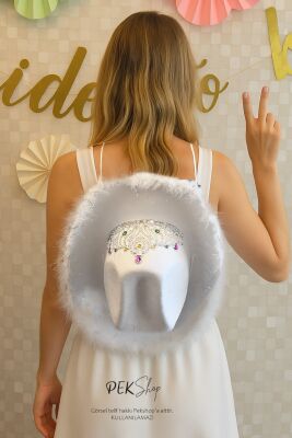 Taçlı Tüylü Beyaz Kovboy Şapkası Bride Parti Gelin Şapkası Cow Girl - 4