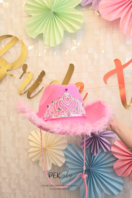 Taçlı Tüylü Pembe Kovboy Şapkası Bride To Be Parti Gelin Şapkası - 2