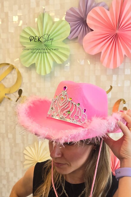 Taçlı Tüylü Pembe Kovboy Şapkası Bride To Be Parti Gelin Şapkası - 3