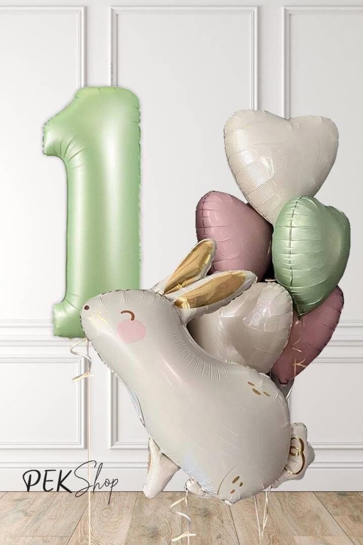 Tavşan Tema Retro Yeşil Rakamlı Kalp Balonlu Doğum Günü Balon Seti - 1