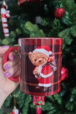 Teddy Bear Noel Baba Tasarım Yılbaşı Desenli Kırmızı Kupa Bardak - 1