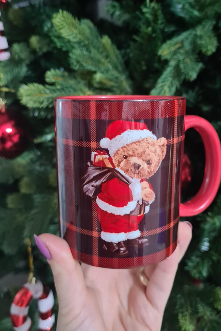 Teddy Bear Noel Baba Tasarım Yılbaşı Desenli Kırmızı Kupa Bardak - 2
