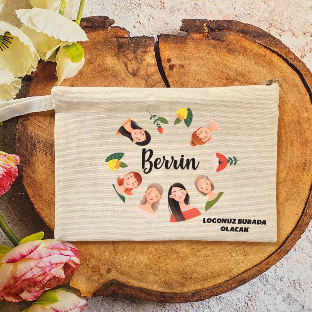 Tek Tek İsimli Makyaj Çantası 8 Mart Kadınlar Günü Logo Baskılı Kadınlar Figürlü - 1