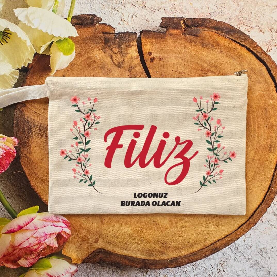 Tek Tek İsimli Makyaj Çantası 8 Mart Kadınlar Günü Logo Baskılı Kırmızı Çiçekli - 1