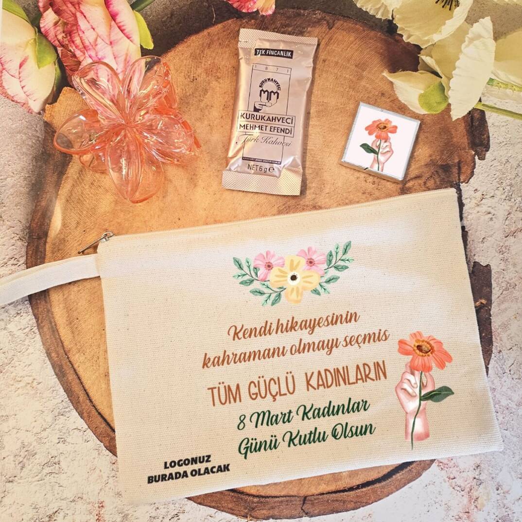 Tokalı Kahveli Kadınlar Günü Hediye Seti Turuncu Çiçekler 8 Mart Hediyelik Toka Çanta - 1
