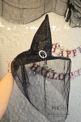 Tüllü Lüks Cadı Şapkası Halloween Şapka Cadılar Bayramı Şapkası - 2