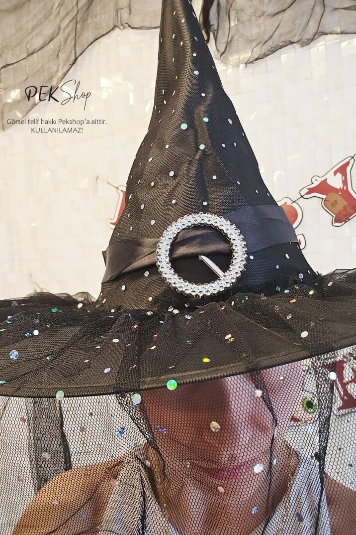 Tüllü Lüks Cadı Şapkası Halloween Şapka Cadılar Bayramı Şapkası - 3