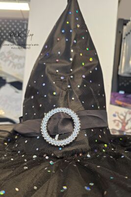 Tüllü Lüks Cadı Şapkası Halloween Şapka Cadılar Bayramı Şapkası - 4