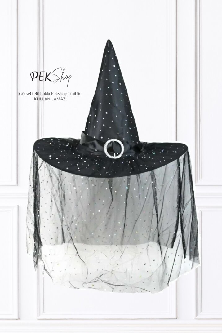 Tüllü Lüks Cadı Şapkası Halloween Şapka Cadılar Bayramı Şapkası - 5