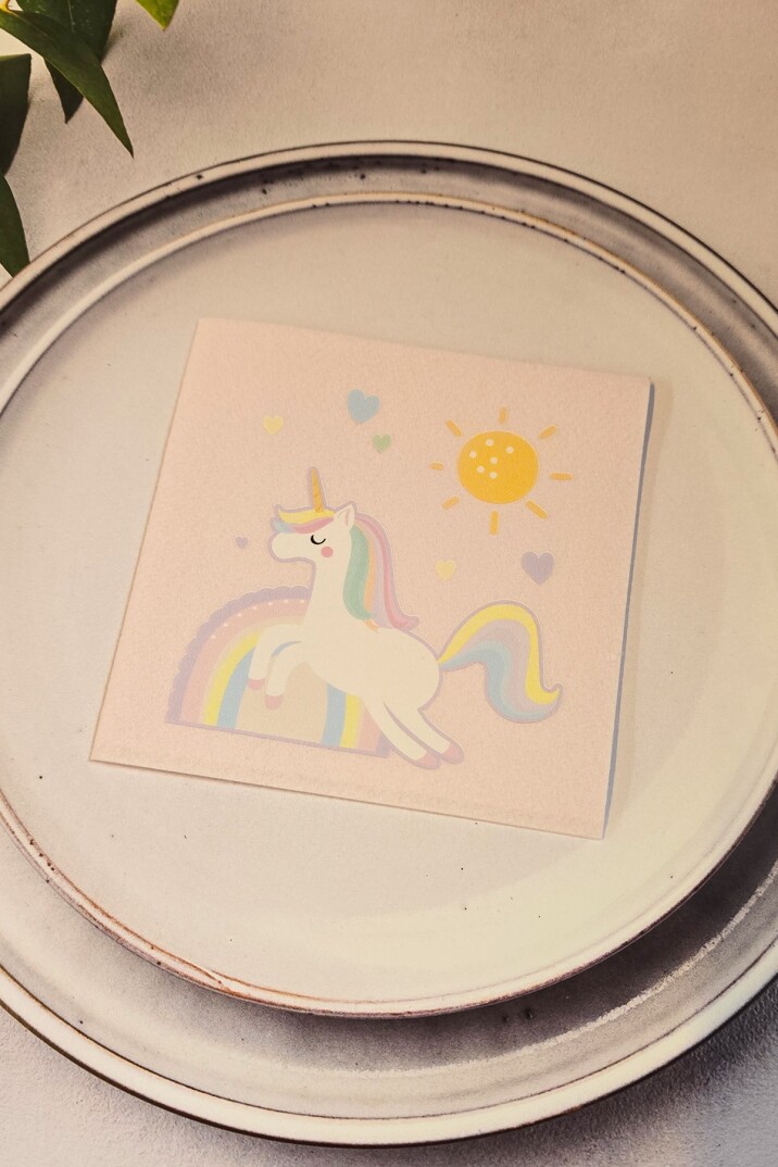 Unicorn Tasarım Baskılı Peçete Pembe Kare Kumaş Dokulu 12 Adet - 2